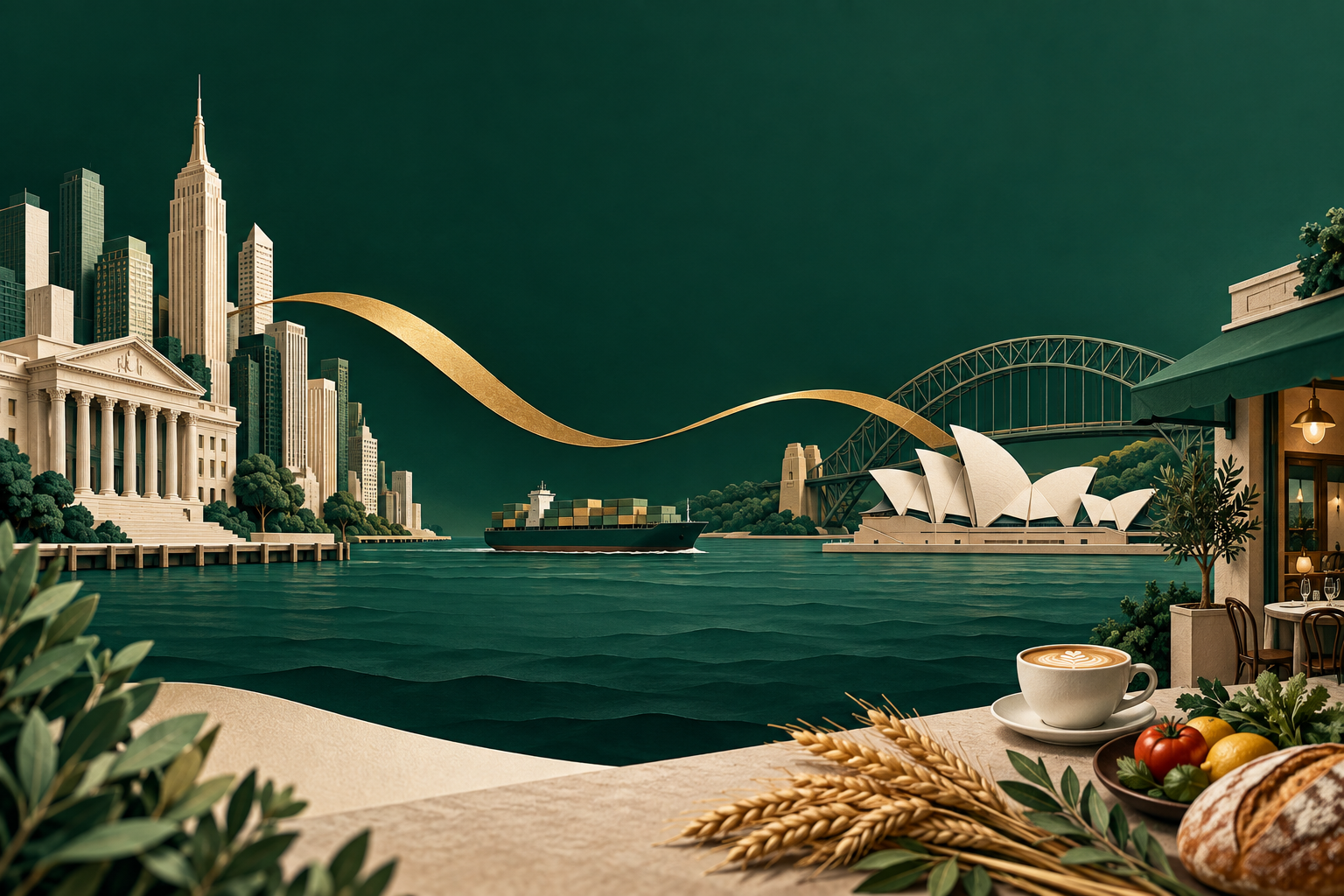 Editorial illustration connecting American financial buildings with Sydney and an Australian cafe across the ocean.